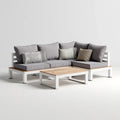 Salon de jardin d'angle 3 pièces gris et blanc en aluminium et bois d'acacia 225 x 150 cm