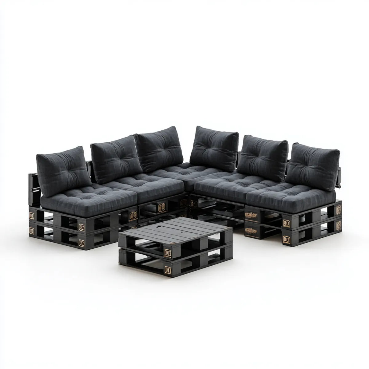 Salon de jardin d'angle 5 places noir en pin massif avec coussins en polyester 280 x 200 cm