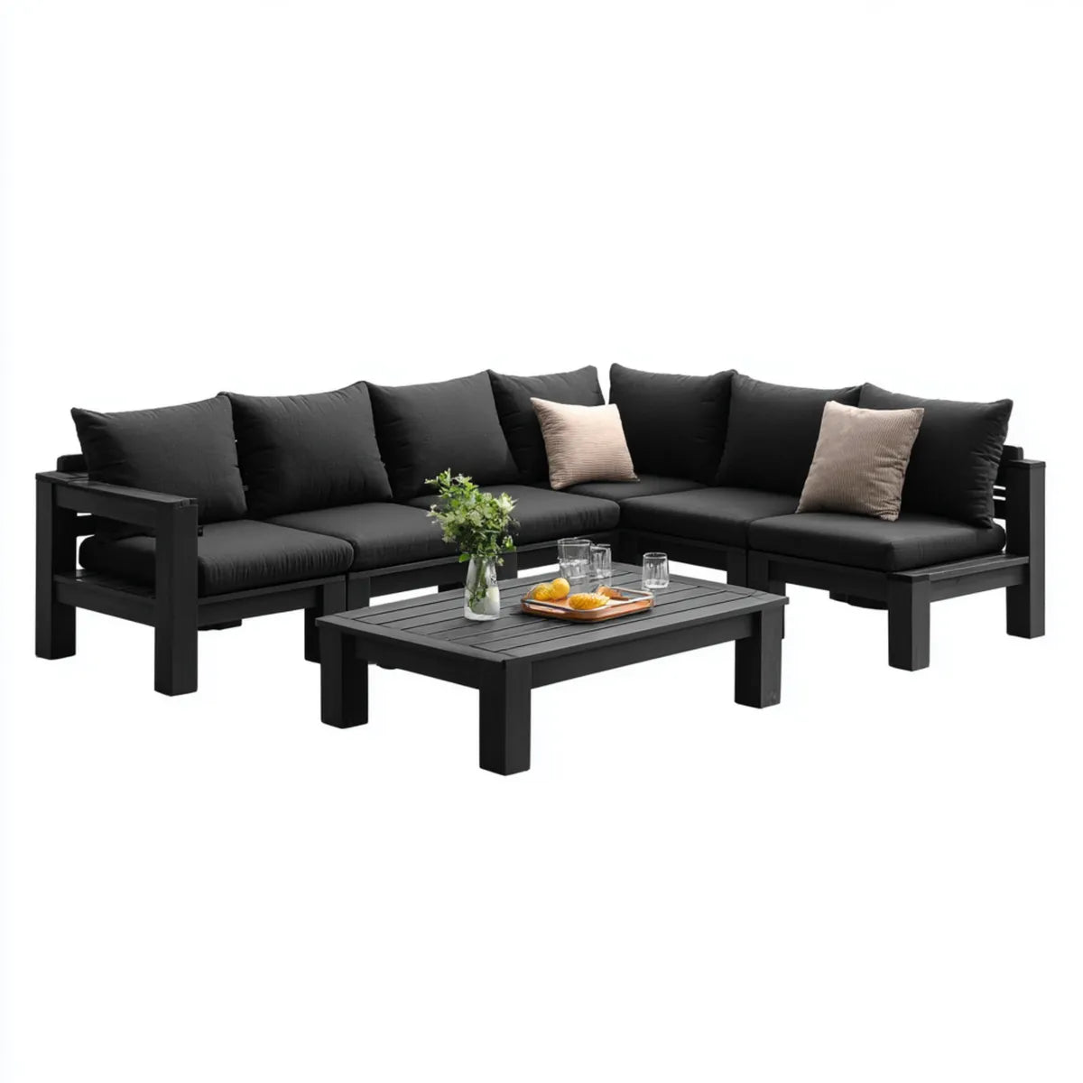 Salon de jardin d’angle 5 pièces noir en pin massif avec coussins et table 70 x 70 x 30 cm