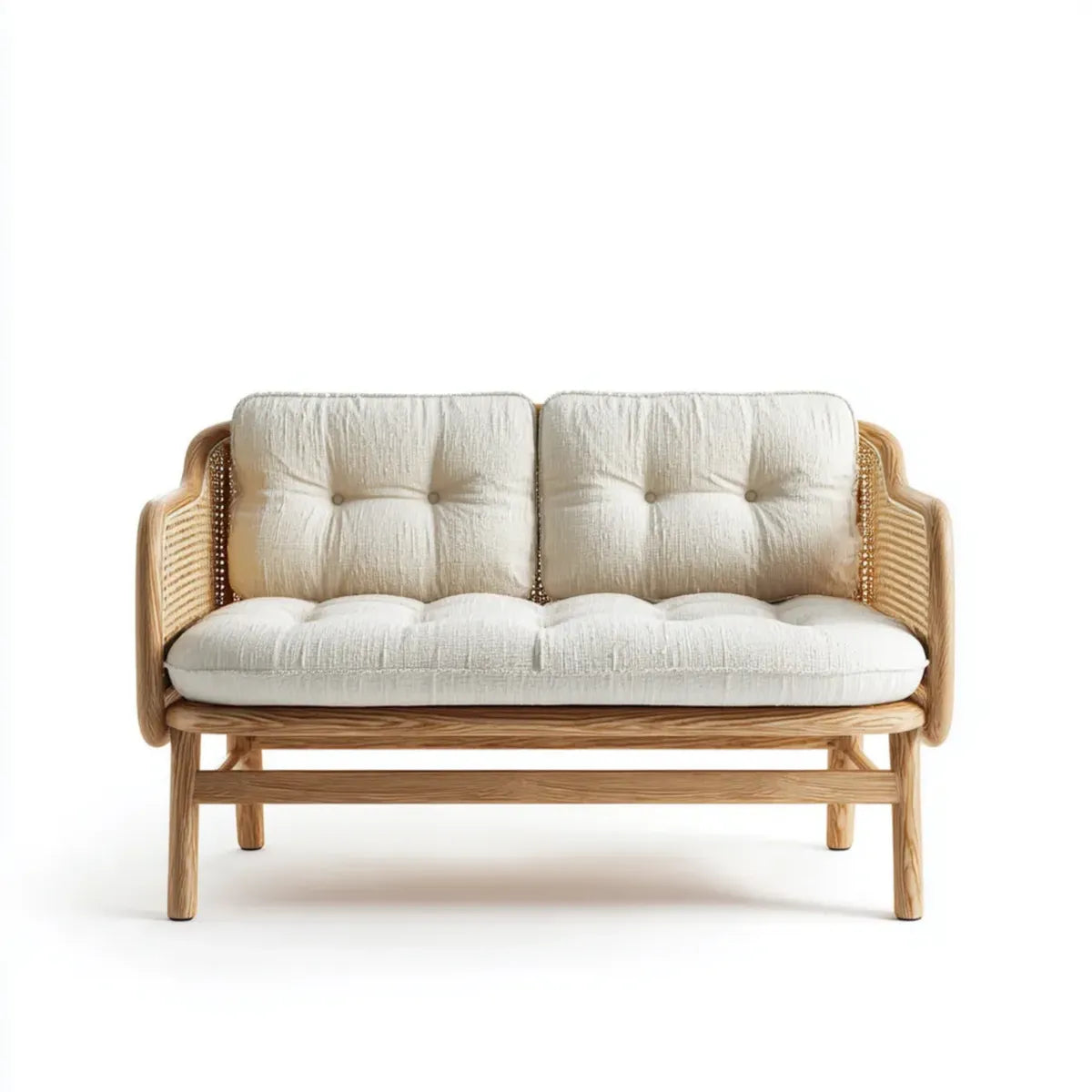 Canapé de jardin 2 places beige en rotin naturel avec coussins 130 x 75 x 85 cm