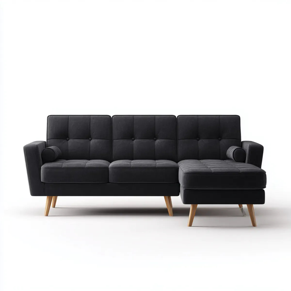 Canapé d'angle 3 places avec méridienne droite noir en velours de polyester 250 x 150 x 85 cm