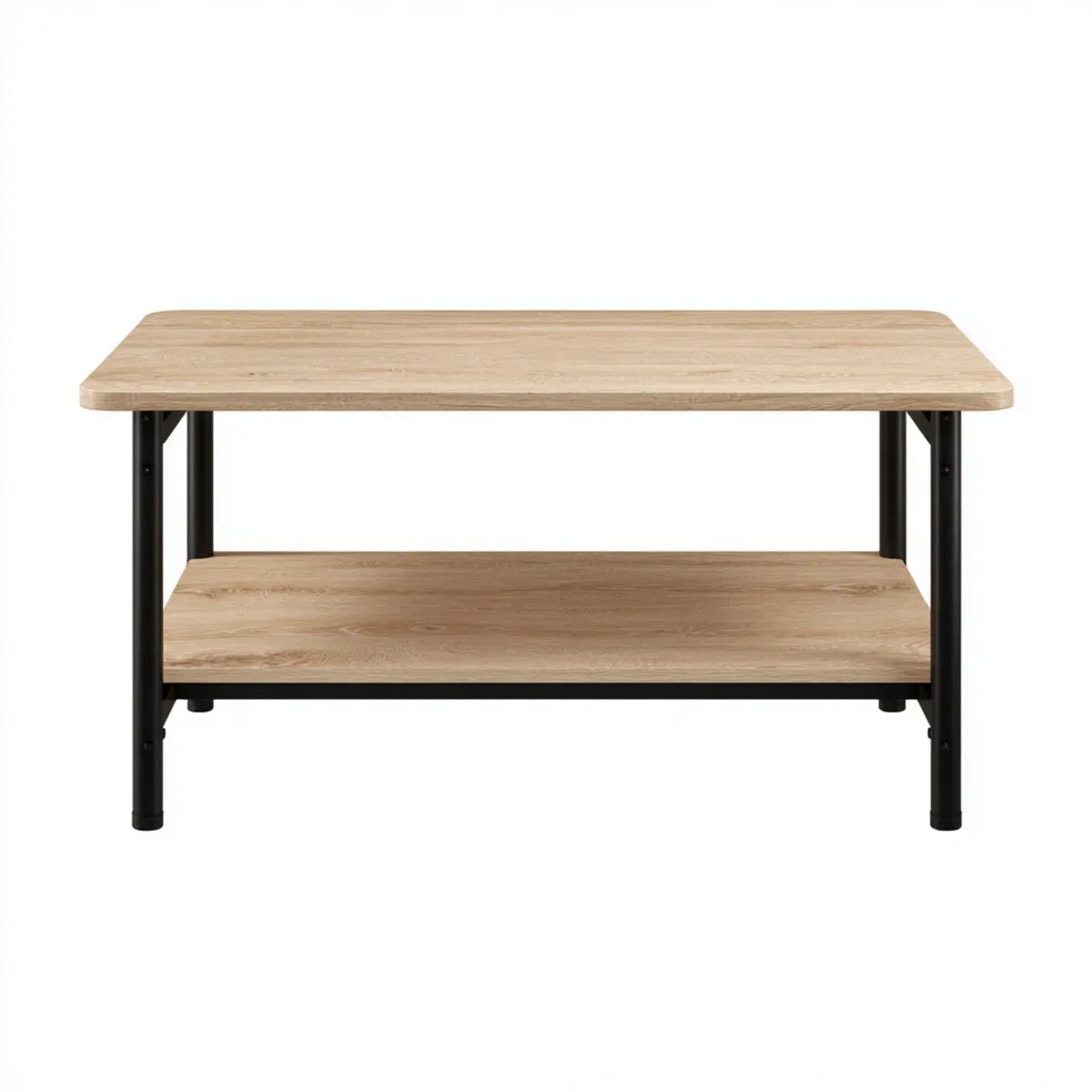 Table basse rectangulaire chêne clair et noir 100 x 50 x 45 cm en panneaux de particules et acier avec étagère