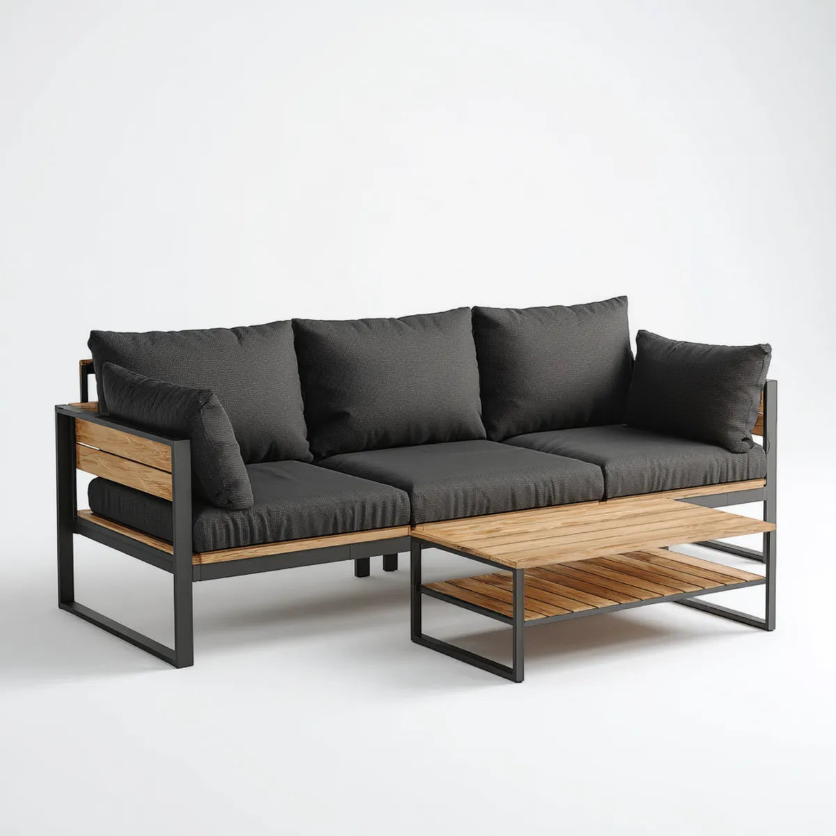 Salon de jardin d'angle 3 places avec table basse noir et bois 220 x 150 x 78 cm acier et acacia