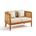 Canapé de jardin 2 places beige en teck massif et rotin naturel 130 x 75 x 78 cm