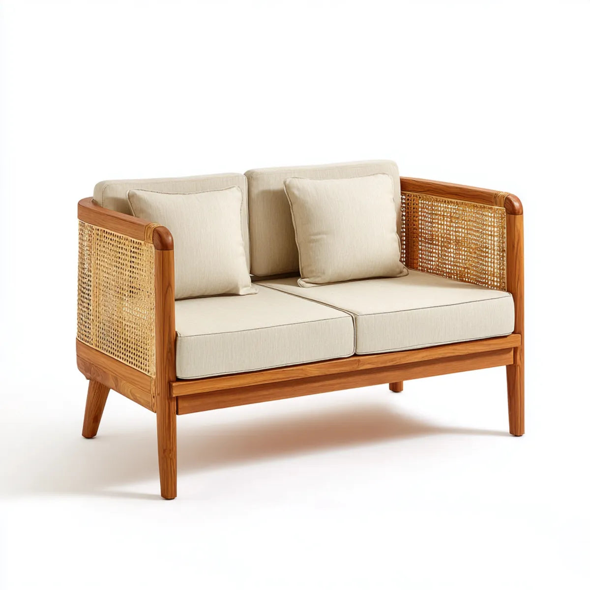 Canapé de jardin 2 places beige en teck massif et rotin naturel 130 x 75 x 78 cm